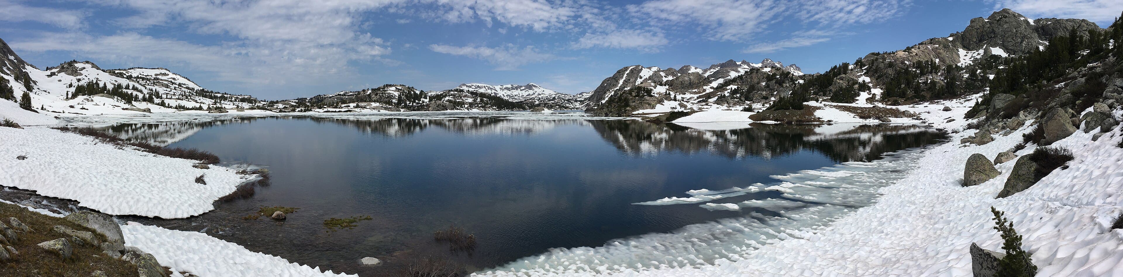 Island Lake in the Wind River Range, July 2017. GPS on the lake, about ten miles from Elkhart Park above Pinedale. Photo by Fredlyfish4.